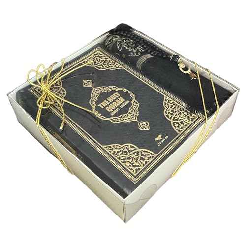 English Translate Thermo Leather Covered Quran, Tafta Prayer Mat and Beads Set |Quran Size:8x5.5x1.2 ?nch/20x14x3cm | Muslim Prayer Mat | Great Ramadan Gifts for Muslim Men,Women (Black, 1 Sets)