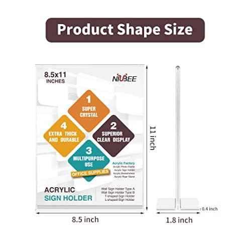 NIUBEE 6 Pack Acrylic Sign Holder 8.5 x 11 - T Shape Double Sided Table Top Display Stand, Portrait Upright Photo Picture Frame Wedding Menu Ad Holder