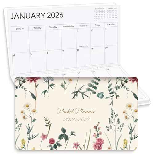 SUNEE Pocket Calendar 2026-2027 for Purse, Pocket Planner 24 Months with Soft Waterproof Cover and Premium Paper Sketch, 6.5" x 3.5", Wildflowers
