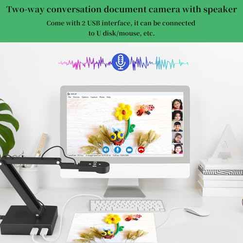 Document Camera for Classroom, USB Camera for Teacher, 12MP & 9X Zoom-in, Move lmage, Mic and Speaker, Mirroring, LED Light, 2 Port HUB, for Remote Learning, Painting, Live Demo (with Remote)