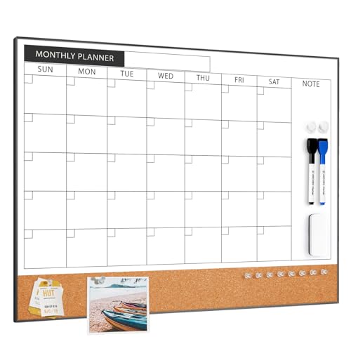 ARCOBIS Dry Erase Calendar with Cork Board for Wall, 24"x 18" Magnetic Calendar Whiteboard with Black Frame, Monthly Combination Board for School, Home, Office