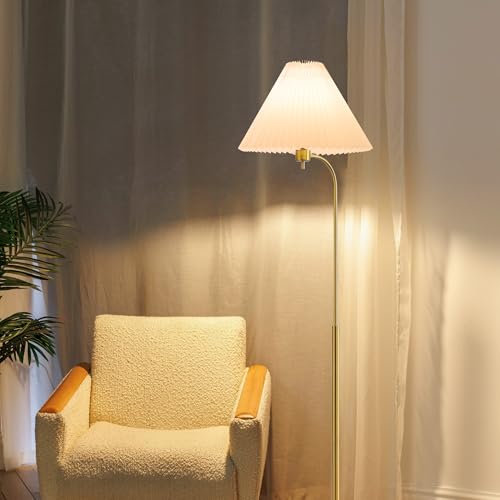 Retro Floor Lamp ? 63¡± Mid Century Modern Floor Lamp with White Pleated Empire Shade, Minimalist Curved Brass Pole Arc Mid-Century Standing Lamp for Cozy Living Room, Bedroom, Reading Corner (Gold)