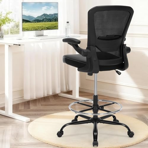 Bondesin Drafting Chair Tall Office Chair with PU Leather Seat, 400 lb Ergonomic Desk Stool with Lumbar Support, 360° Wheels