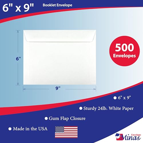 500 Minas Envelope 6" x 9" Booklet Envelopes (Open Side), Sturdy 24lb. White, Strong Gum Flap, 500/Box