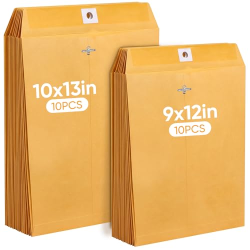 20 Pack Heavyweight Brown Kraft Clasp Envelopes 9x12 & 10x13 for Office & School