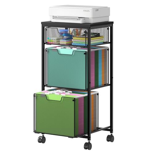 Sbanmao 3-Drawer Mobile File Cabinet with Locking Wheels - Hanging File Folders, Printer Stand, Black (1 Small + 2 Large Drawers)