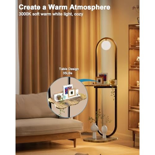 Lightdot 47-Inch Arch Floor Lamp, Modern Standing Lamp with Table, Black Metal Frame with Globe Shade, Living Room Bedroom Lighting, G9 LED Bulb Included