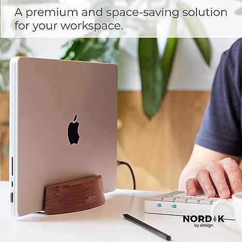 Nordik Adjustable Vertical Laptop Stand - Walnut - Premium Laptop Holder for Home Office, Software Engineers - Space Saving Desk Laptop Dock - Stable Non-Slip Wood Stand - MacBook Pro