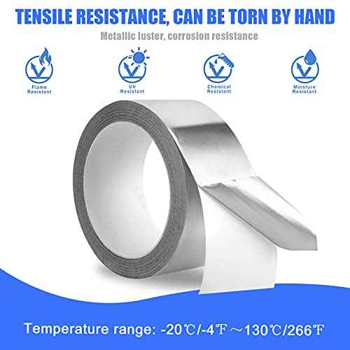 Aluminum Foil Tape, 2 inch x 65 Feet (3.9 mil), Insulation Adhesive Metal High Temperature Heavy Duty HVAC Tape, Silver for Ductwork, Dryer Vent, HVAC