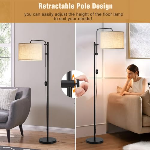 GyroVu Floor Lamp for Living Room, Adjustable Height Standing Lamps with 350¡Æ Rotate Beige Lampshade, 67.5-Inch Modern Tall Lamp Dimmable Floor Lamps for Corner Bedroom Home Office (Bulb Included)