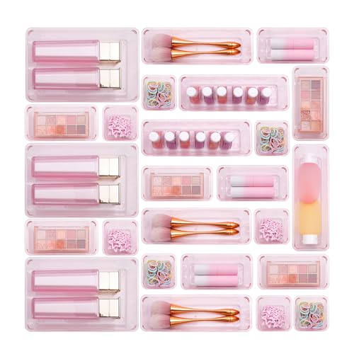 Pink Acrylic Drawer Organizer Trays Set of 25 for Kitchen, Bathroom, Office & Makeup Storage