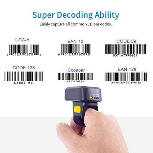 Symcode Wireless Bluetooth Barcode Scanner with Bluetooth & 2.4GHz Wireless & Wired Connection, Portable Ring Wearable Finger 1D Mini Bar Code Reader Scanner