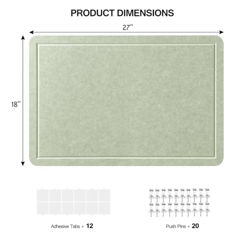 MAXECHO Sage Green Felt Bulletin Board 27x18 Inch with Adhesive Tabs & Pushpins