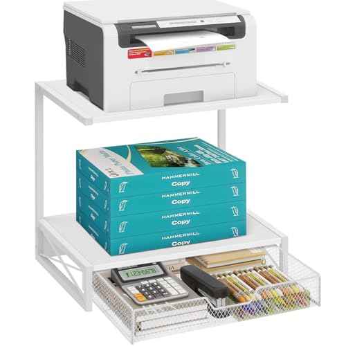 ELITEROO Printer Stand for Desk with Storage Drawer, 2 Tier Desktop or Under Desk Shelf, Wood Desk Organizer for Home Office, Fits 3D Printer, Scanner, Fax Machine, Cricut, White