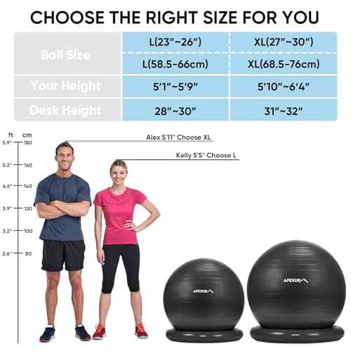 APEXUP Yoga Ball Chair, Exercise Ball Chair with Base for Office, Anti Slip Stability Ball Fitness Ball Seat, Home Gym Workout Ball, Balance Ball with Pump (Black, XL)