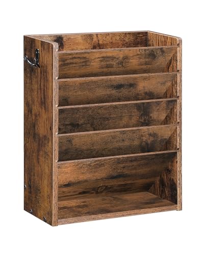 Rustic Brown 6-Tier Wall File Organizer with Side Hooks - Vintage Desk Storage