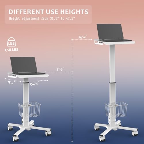 Adjustable Height Rolling Laptop Desk with Wheels - Portable Computer Cart, White
