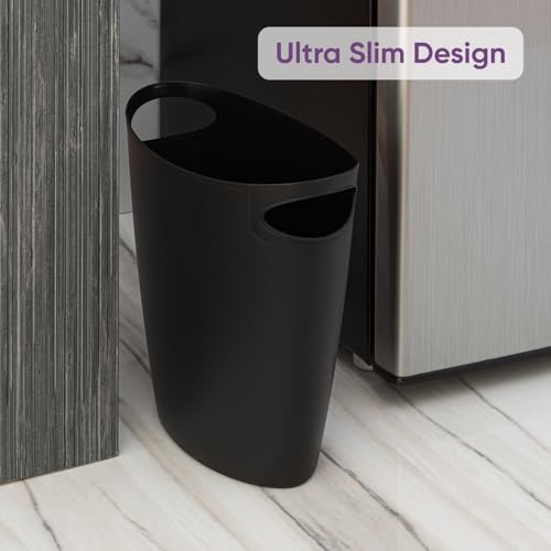 Superio Slim Bathroom Trash Can 2 Gallon Plastic Small Compact Waste Basket for Bedroom, Dorm, Under Office Desk, Narrow Portable RV Dustbin, 6 Black