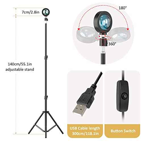 Balkwan Sunset Floor Lamp Projection 140cm Adjustable Stand Led Night Light 360 Degree Rotation Network Light with 3M USB Cable Floor Light for Living Room Bedroom