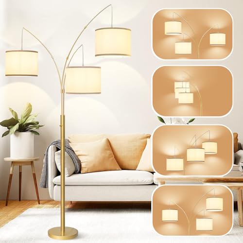3 Lights Arc Floor Lamps for Living Room,Gold Modern Tall Standing Lamp Hanging Over The Couch with Shades & Heavy Base,Mid Century Black Tree Floor Lamp for Bedroom Office