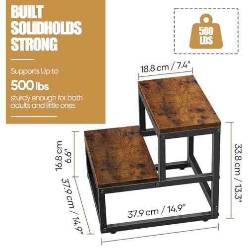 Wood and Metal 2 Step Stool for Adults & Kids ? Heavy Duty Rustic Step Stools, 500 Lbs Capacity Non-Slip Stepping Stool for High Beds, Kitchen, Bathroom, Closet, Durable Foot Stool for Home Use