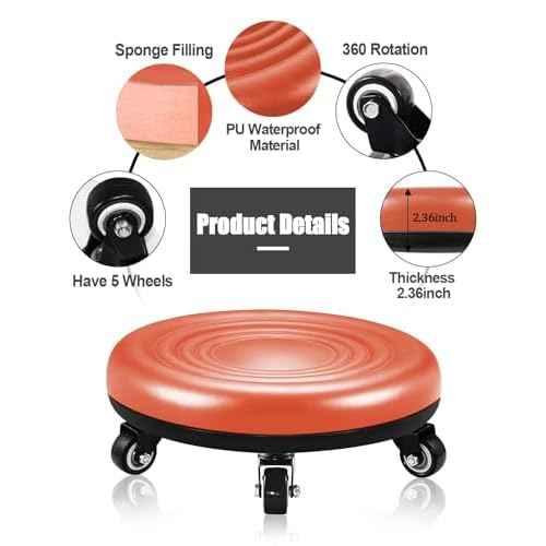 Lanstics Leather Roller Seat Wheel Stool with Universal Wheels - Low Rolling Chair for Home Office & Fitness (Orange)