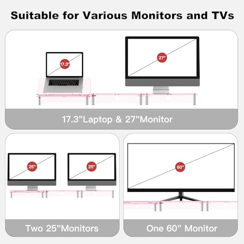 RQUOIRE Ergonomic Pink Acrylic Dual Monitor Stand with Adjustable Laptop Riser, Compatible with Desktop, Printer, TV and More Devices,monitor riser holder suitable for 2 monitors