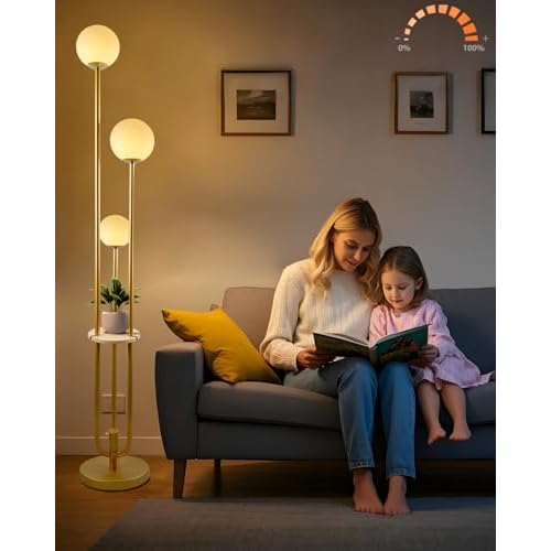 Lightdot Gold Globe Floor Lamp 3-Lights Dimmable Floor Lamps with Tray 3000K Bulbs Included Unique Floor Lamp Candle Holder Style Modern Standing Lamps for Living Room/Bedroom