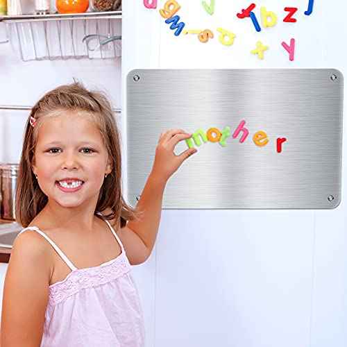 Chinco 2 Pack Metal Magnet Boards 17.7 x 11.8 in Stainless Steel Message Board with 8 Pack Lock Tapes and Screws Magnet Bulletin Board to Display for Memo to Do List Refrigerator Compartment Cabinet