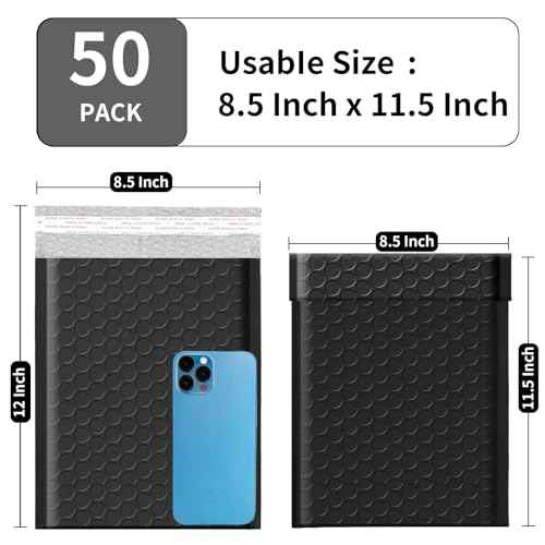 8.5 x 11 Bubble Mailers 50 Pack - Outer Size 9x12 Heavy Duty Black Padded mailer with Self Seal, Waterproof Shipping Envelopes, Bubble Wrap Protection for Ecommerce, Non See Through