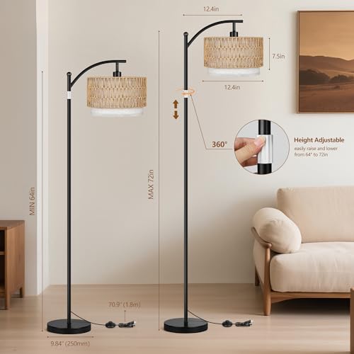 ROTTOGOON Arc Floor Lamps for Living Room, Boho Farmhouse Floor Lamp with Remote & Dimmable Bulb, Standing Lamp with Rattan & Fabric Shades, Adjustable Tall Lamp for Bedroom Office-Black