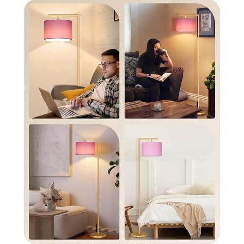 Modern Gold Arc Floor Lamp, Corner Tall Lamp with Remote, Arched Reading Light with Fabric Shade, Floor Lighting for Living Room, Bedroom, Office, Study, Pink, LED Bulb Included, DP11LD05