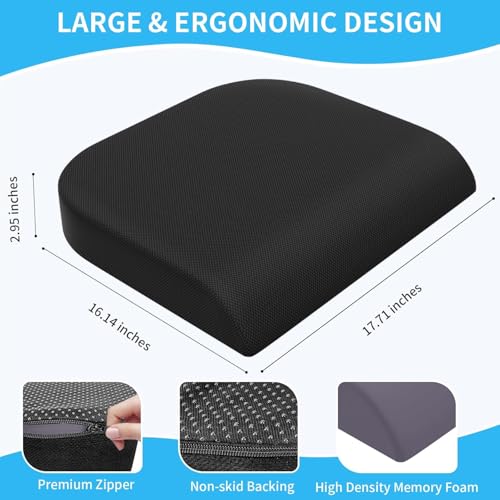 Large Seat Cushion, Memory Foam Cushion for Long Sitting Hours on Office Chair, Home & Car, Non-Slip Chair Pad for Back, Sciatica, Hip, Coccyx Pain Relief & Post-Surgery Recovery (Black)