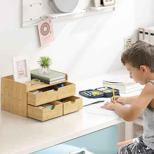 Wisuce Desk Organizer with Drawers - Bamboo Desktop Organizer Storage-Natural Wood Desk Drawers Organizer for Bills, Office Supplies, Cosmetics, Seals No Assembly Required (3 Drawers£¨top-bottom))