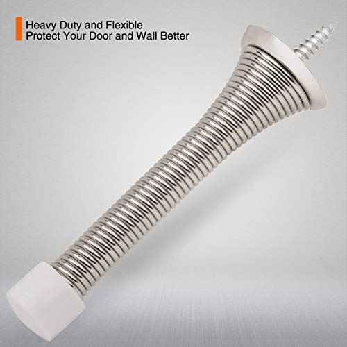 2 Pack Spring Door Stopper Brushed Satin Nickel- 3-1/4" Flexible Spring Door Stops with White Rubber Bumper Tips