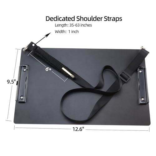 Black Metal Two Clips Clipboards, A4/Letter (9.5 "X12.6) Aluminum Clipboard with Shoulder Strap,Home Restaurant School Hospital Classroom Factory Office Supplies