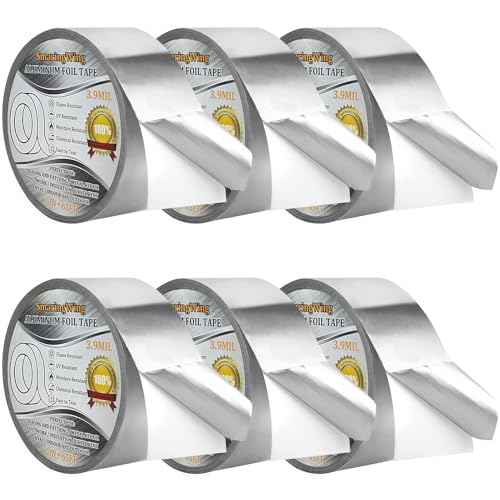 6Rolls Aluminum Foil Tapes, HVAC Duct Tape Heavy Duty, Silver Metal Adhesive Insulation Tape (3.9mil, 2"x65 Feet) High Temperature for Pipe Ductwork, Sealing Patching Heat Cold Air Ducts, Dryer Vents