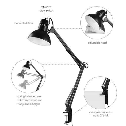 Globe Electric 56963 31.5" Multi-Joint Desk Lamp with Metal Clamp, Black, On/Off Rotary Switch on Shade, Partially Adjustable Swing Arm, Home Essentials, Reading Light, Office D?cor