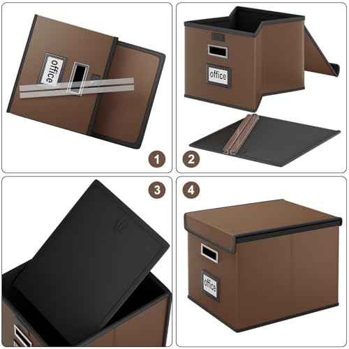 Huolewa File Organizer Box with Lid, Collapsible Leather File Folder Organizer for Office Document Storage, Filing Box with Plastic Slide for Letter/Legal Size Hanging Files, Dark Brown, 4 pack