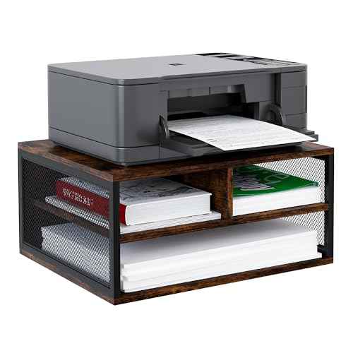 Desktop Printer Stand with Storage, Paper Organzier Shelf Printer Table Desk for Home Office, Antique Brown