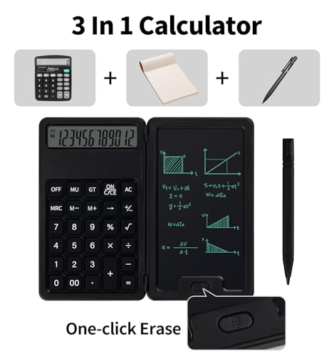 Black Portable Calculator with Notepad & Stylus - Paperless Desk Accessory