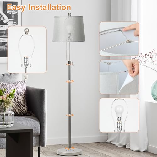 Floor Lamp for Living Room,Adjustable Height Standing Lamp,Dimmable Modern Floor Lamps for Bedroom Office Tall Floor Lights with Pull Chain Bulb Included-Silver Gray Shade