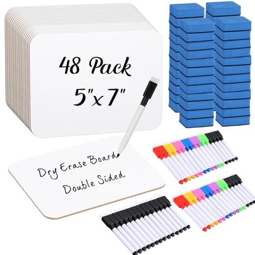 48 Sets Small Whiteboard Dry Erase Boards 5" x7'' Mini Double Sided Dry Erase Lap Boards with Markers Erasers Pen Holders Personal Whiteboards for Students Classroom Teacher