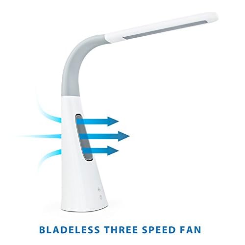 Turcom LED Desk Lamp with Fan, Cool Breeze Lamp with Bladeless Fan with Adjustable Neck, 3 Speeds and 5 Brightness Levels, White
