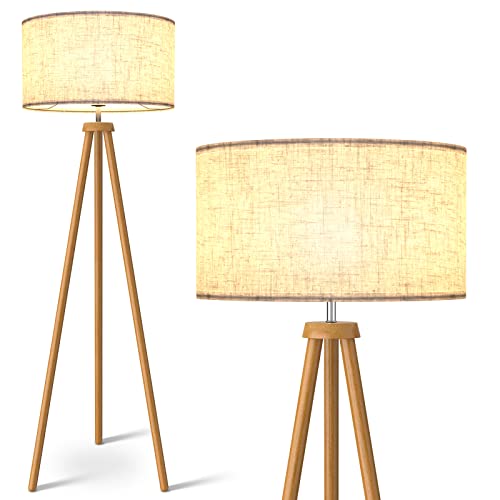 LEPOWER Wood Tripod Floor Lamp, Mid Century Standing Lamp for Living Room, Flaxen Lamp Shade, Modern Design Standing Lamp with E26 Base, Tall Floor Light for Bedroom, Study Room and Office Brown