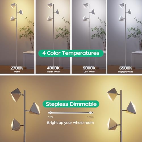 LED Tree Floor Lamp, 36W Dimmable Tall Standing Lamp with Remote & Touch Control, 2700K-6500K 4 Color Temperatures, 3 Rotatable LED Lights Floor Lamps for Living Room, Bedroom, Office - Silver