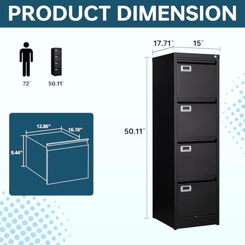 MIIIKO Black 4 Drawer Metal File Cabinet with Lock, Vertical Office Storage 50"