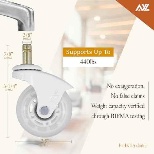 AXL 10mm Stem, IKEA Office Chair Wheels, 2.5 Inch Rollerblade Casters with Gap-Free Bracket for Safe Barefoot Rolling, Quiet & Floor-Safe, (IKEA 10mm) (White/Clear, 2.5 inch White)