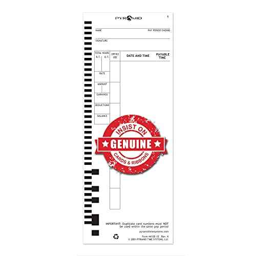 Pyramid Time Systems - Authentic Time Cards (44100-10) for Pyramid Models 4000, 4000PRO, 4000PROK, 5000HD & 5000 Auto Totaling Time Clocks, Single Sided Time Sheets (3.5 x 9 in) -100 Time Cards