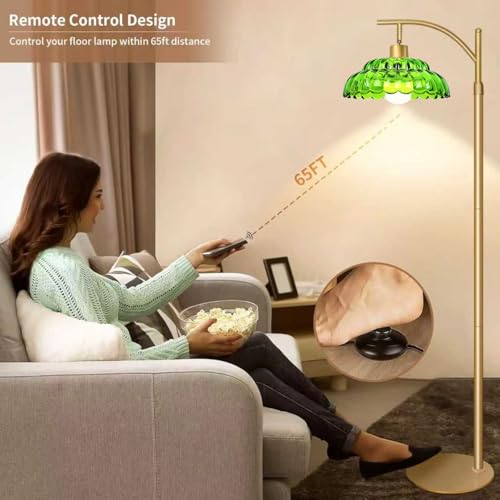 Dimmable Glass Floor Lamp, Mid Century Standing Lamp with Green Glass Shape, Modern Tall Lamp with Remote, Standing Floor Lamps for Living Room, 12W LED Bulb Included
